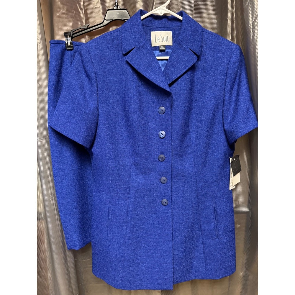 Le Suit Set Women 12 Royal Blue Tweed Short Sleeve Blazer Pencil Skirt Career